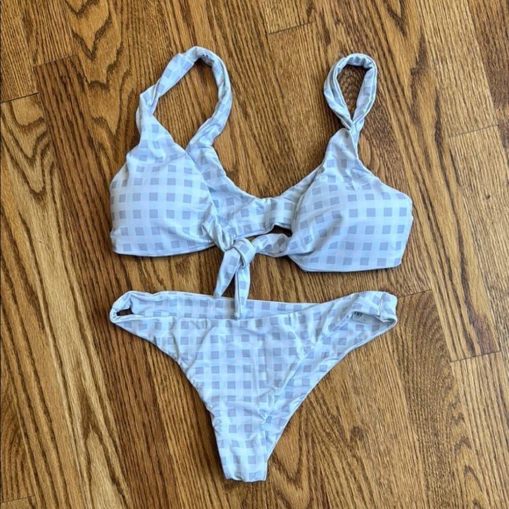 Gray and white check bikini set